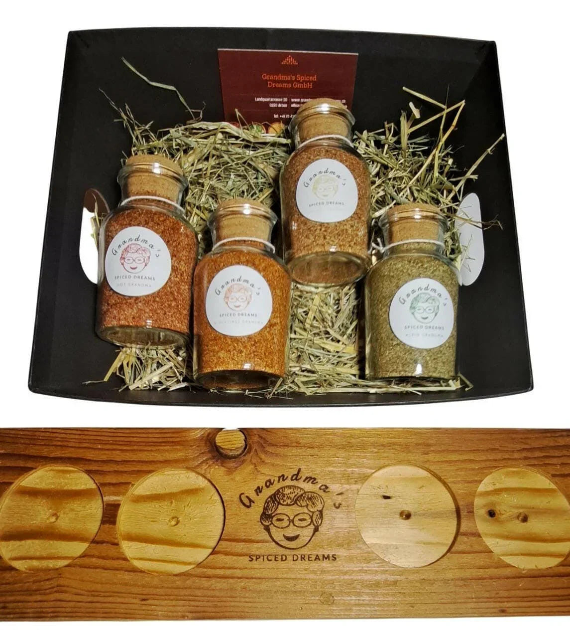 Geschenkkorb 4er Set samt Brett – 4 Gewürze & Nachhaltiges Holzbrett - Grandma's Spiced Dreams GmbH