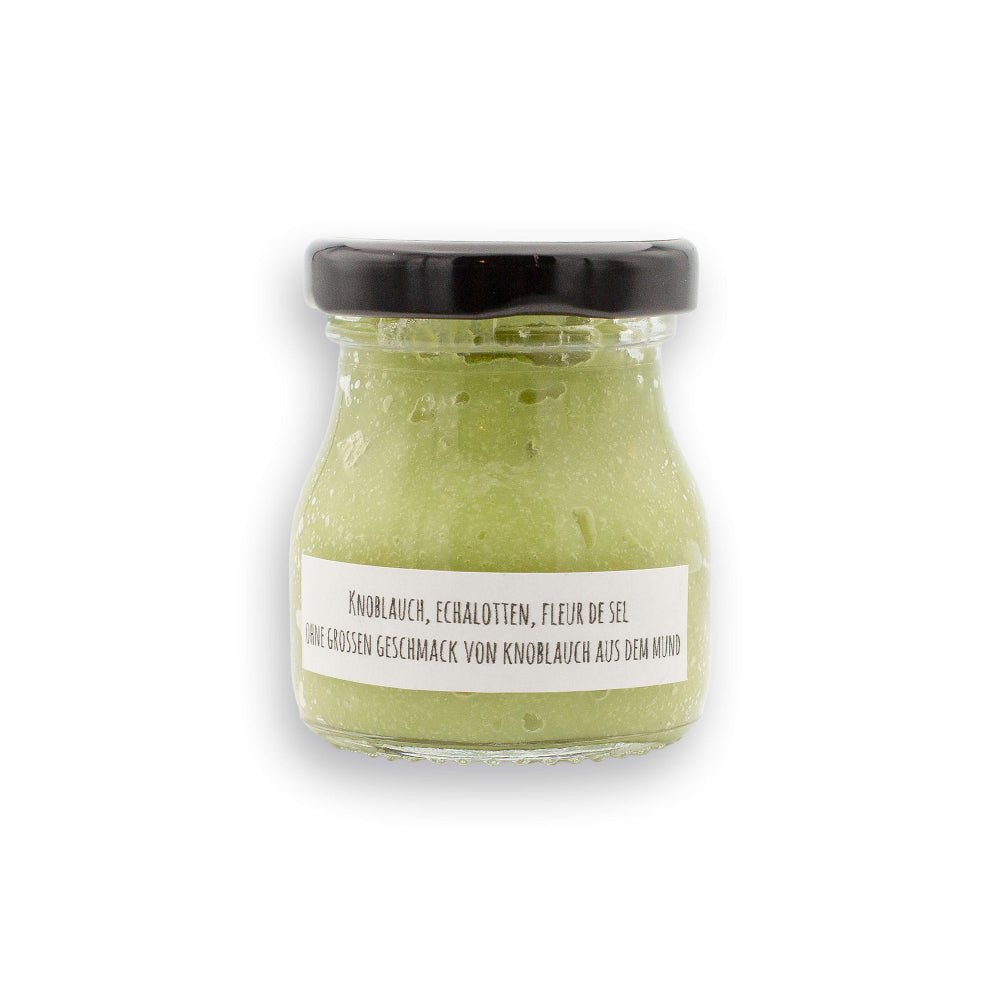 Magic Garlic – hausgemachte Knoblauchpaste im Glas mit Etikett, ideal zum Würzen von Pasta, Dips und mediterranen Gerichten.