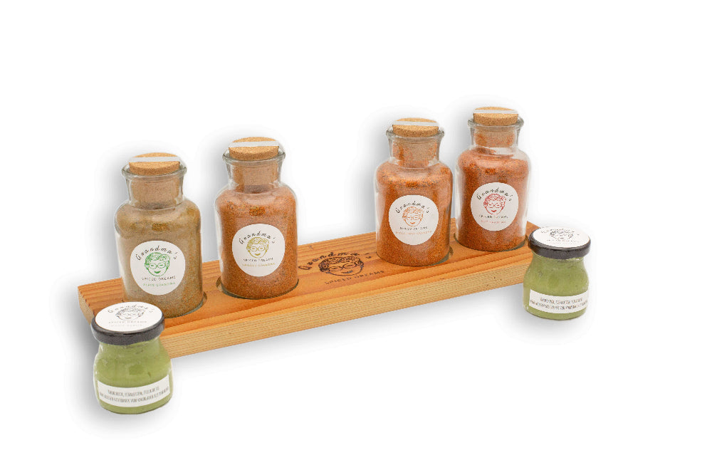 Gewürzexplosion Set mit aromatischer Gewürzmischung, handgefertigtem Gewürzbrett aus Holz und hausgemachter Knoblauchpaste – kreatives Geschenkset für Geniesser und Hobbyköche.