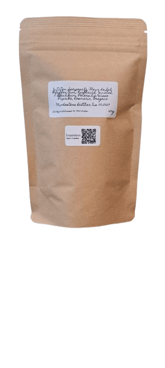 Rückseite des Nachfüllbeutels von Grandma’s Spiced Dreams mit Zutatenliste, Gewichtsangabe und Anwendungshinweisen für die vier Gewürzmischungen Alpin, Smooth, Hot und MidlyZingy.