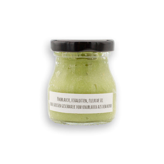 Magic Garlic – hausgemachte Knoblauchpaste im Glas mit Etikett, ideal zum Würzen von Pasta, Dips und mediterranen Gerichten.